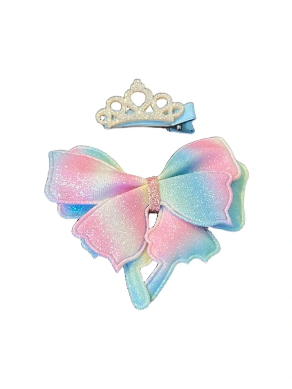 Glitter Pastel Rainbow Bow & Crown Hair Clip Set FINAL PRICE DROP